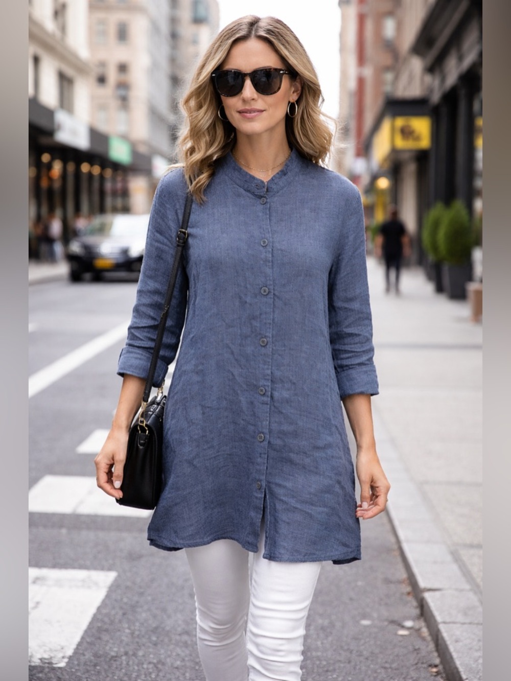 Flax Blue Button-Front Linen Tunic - Picture 2 of 7